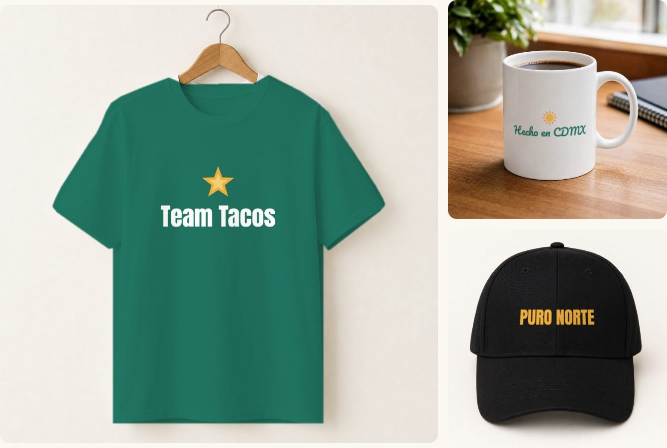 Ejemplos hechos con el diseñador de Cerquito: playera verde "Team Tacos", taza "Hecho en CDMX" y gorra negra "Puro Norte".